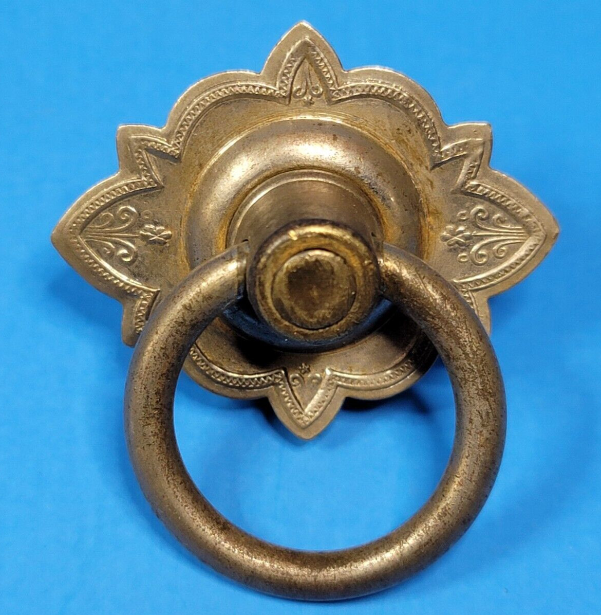 Drawer Pull Drop Ring Ornate Nickel Brass Floral Pattern Vintage