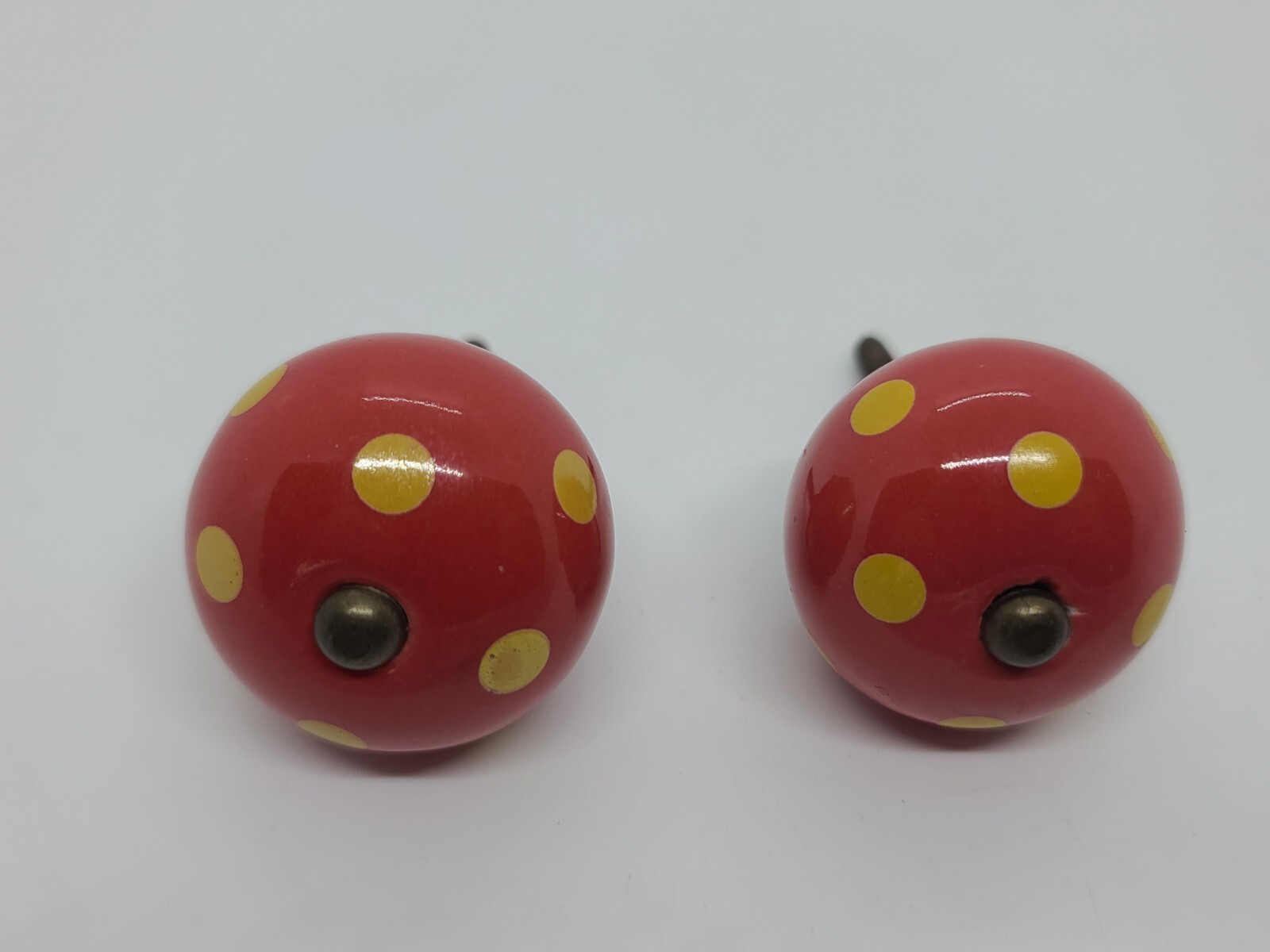 Antique Pair Red Round Porcelain with Yellow Spots Drawer Cabinet Pull Handles
