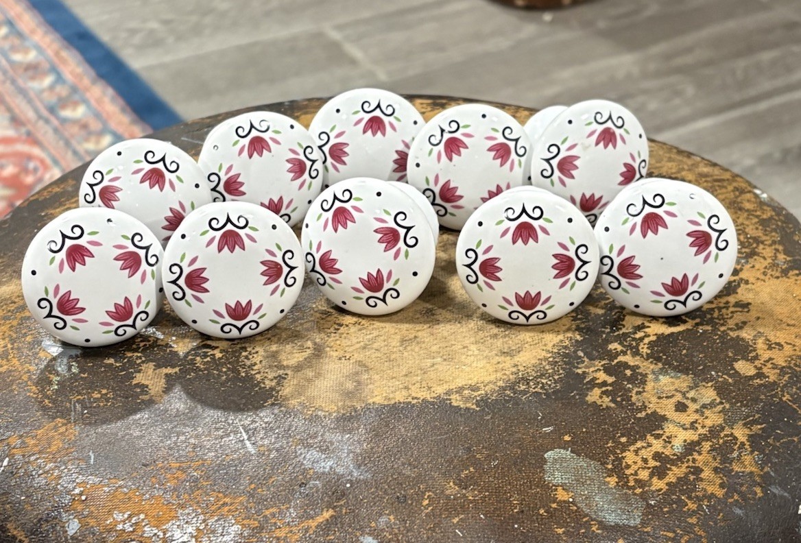 Vintage 1.5” Porcelain White Floral Painted Drawer Pulls Cabinet Knobs Lot Of 10
