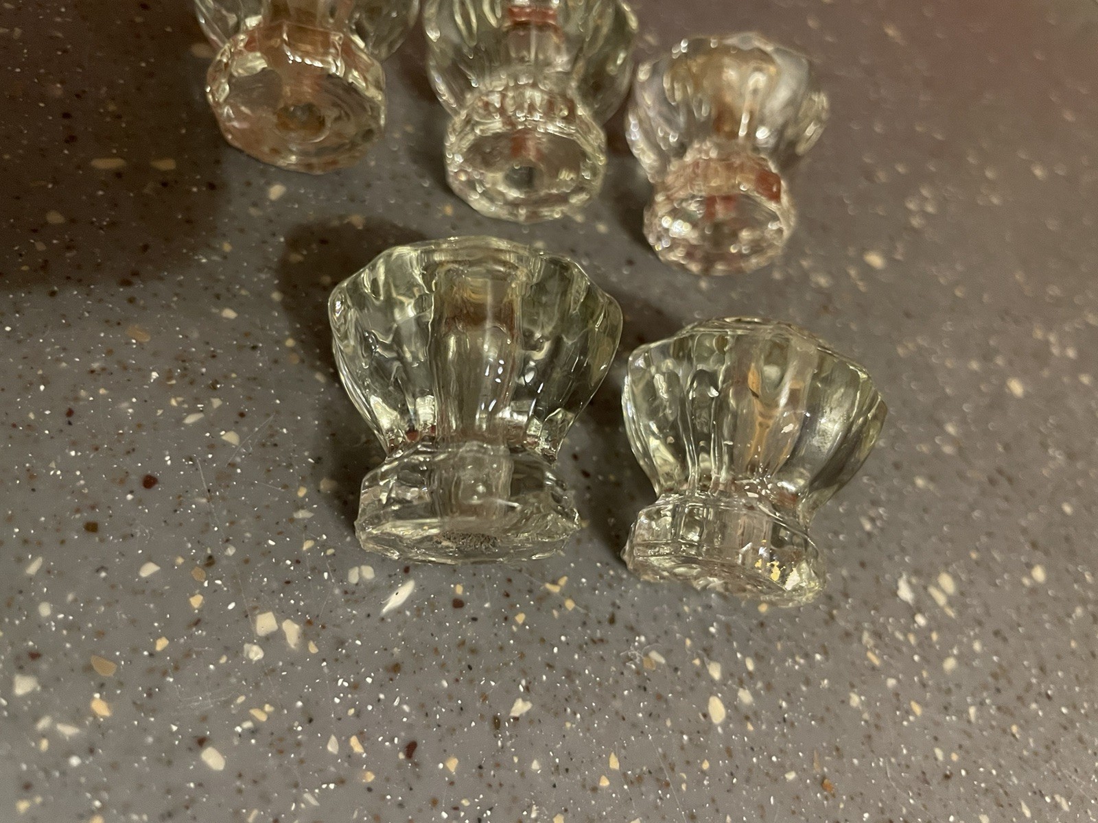 Set of 5 Vintage Depression Style Hexagon Clear Glass Drawer/ Cabinet Knob Pulls