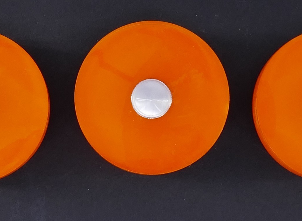 3 LARGE ORANGE LUCiTE MiD CENTURY 2-1/2″ ROUND CABiNET DRESSER DRAWER PULL KNOB