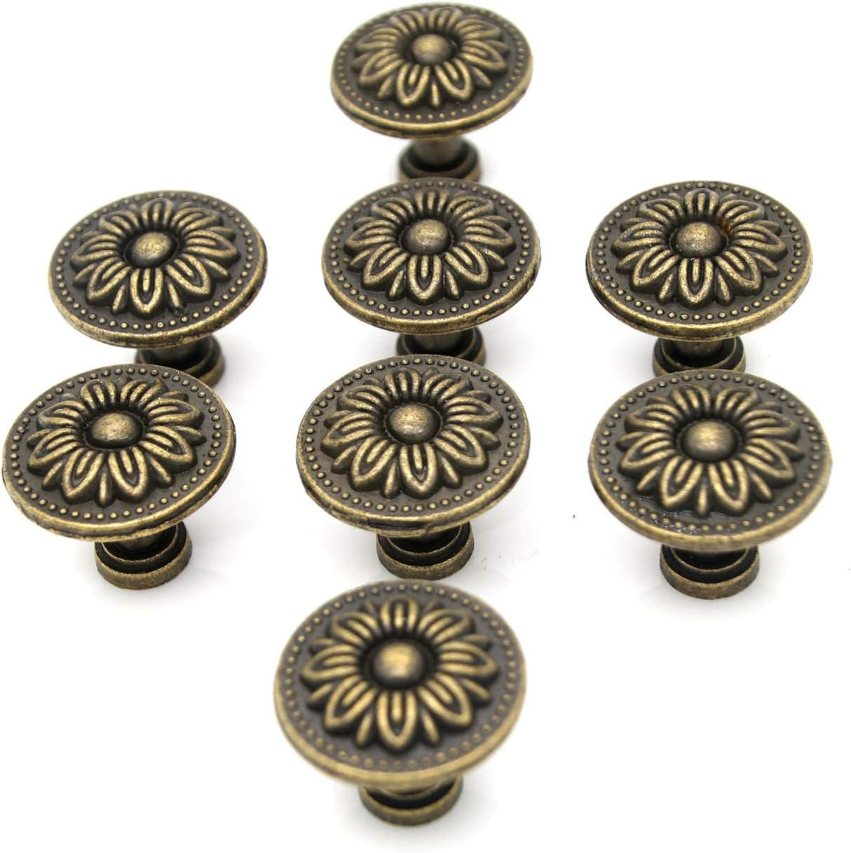 8 Pack Vintage Antique Brass Cabinet Knobs Drawer Pull Handles Flower Design
