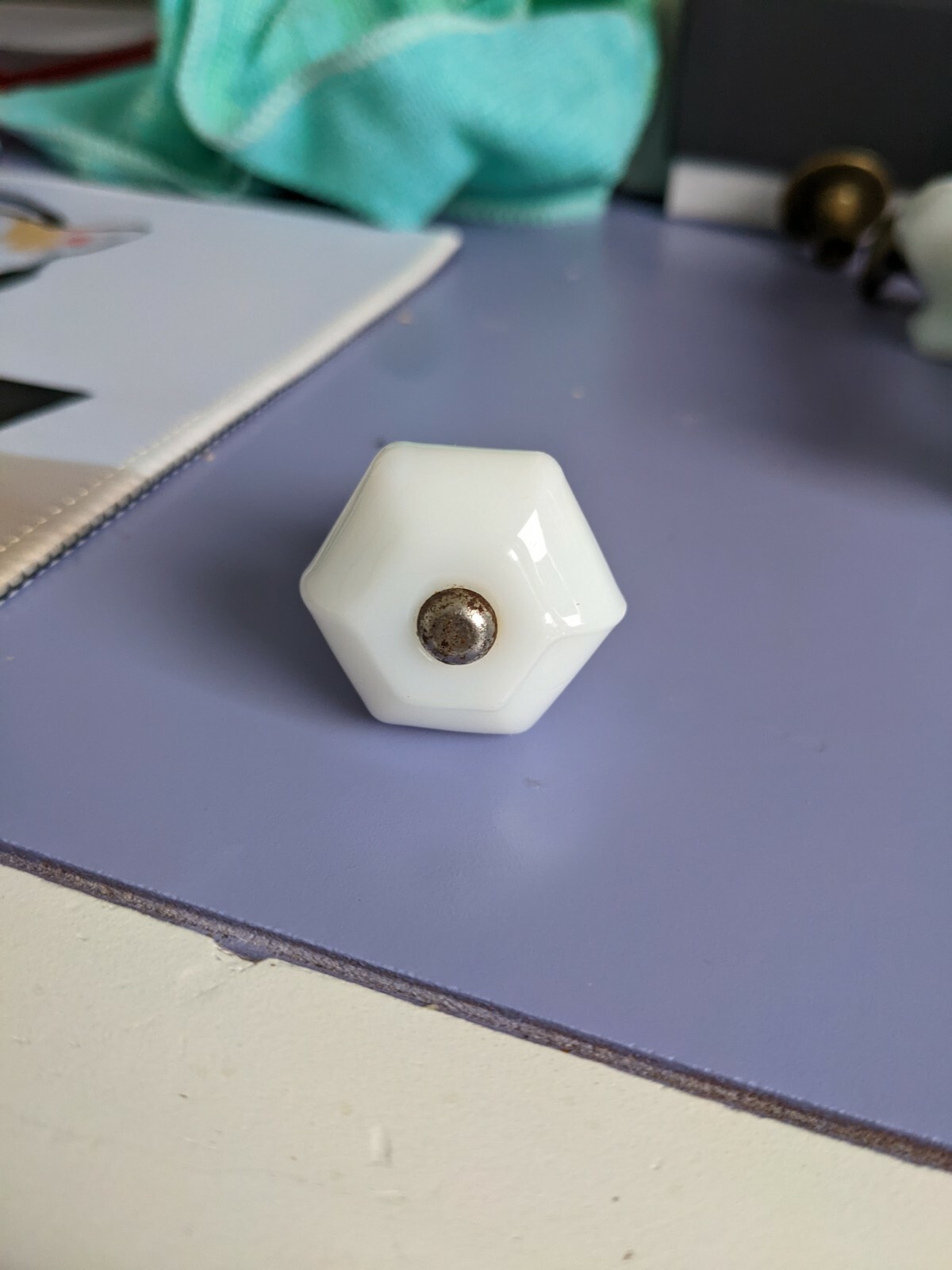 1920’s antique hexagon milk glass cabinet knob drawer pull 1 1/4”diameter