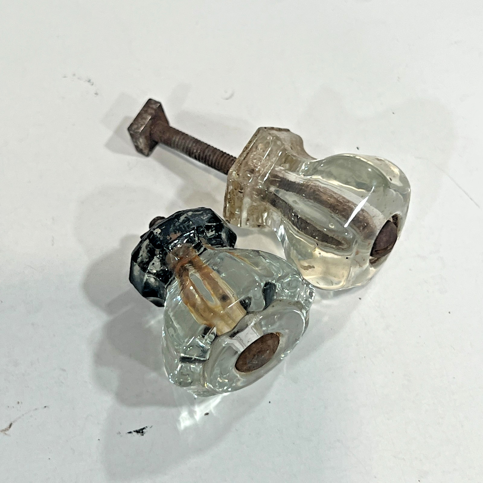 Vintage Lot of 6 Depression Glass Hexagon Pressed Glass Knobs Cabinet Draw Pulls