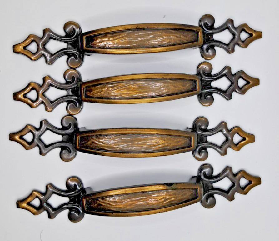 4 Vtg Spanish Gothic Brass Drawer Cabinet Pulls 3″ Hole 6.5″ L Pat D-219328