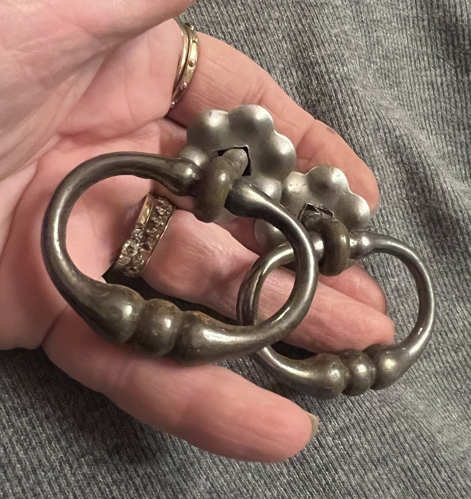 French antique Drawer Pull Drop Down Handle Victorian Nickel gunmetal silver 2”