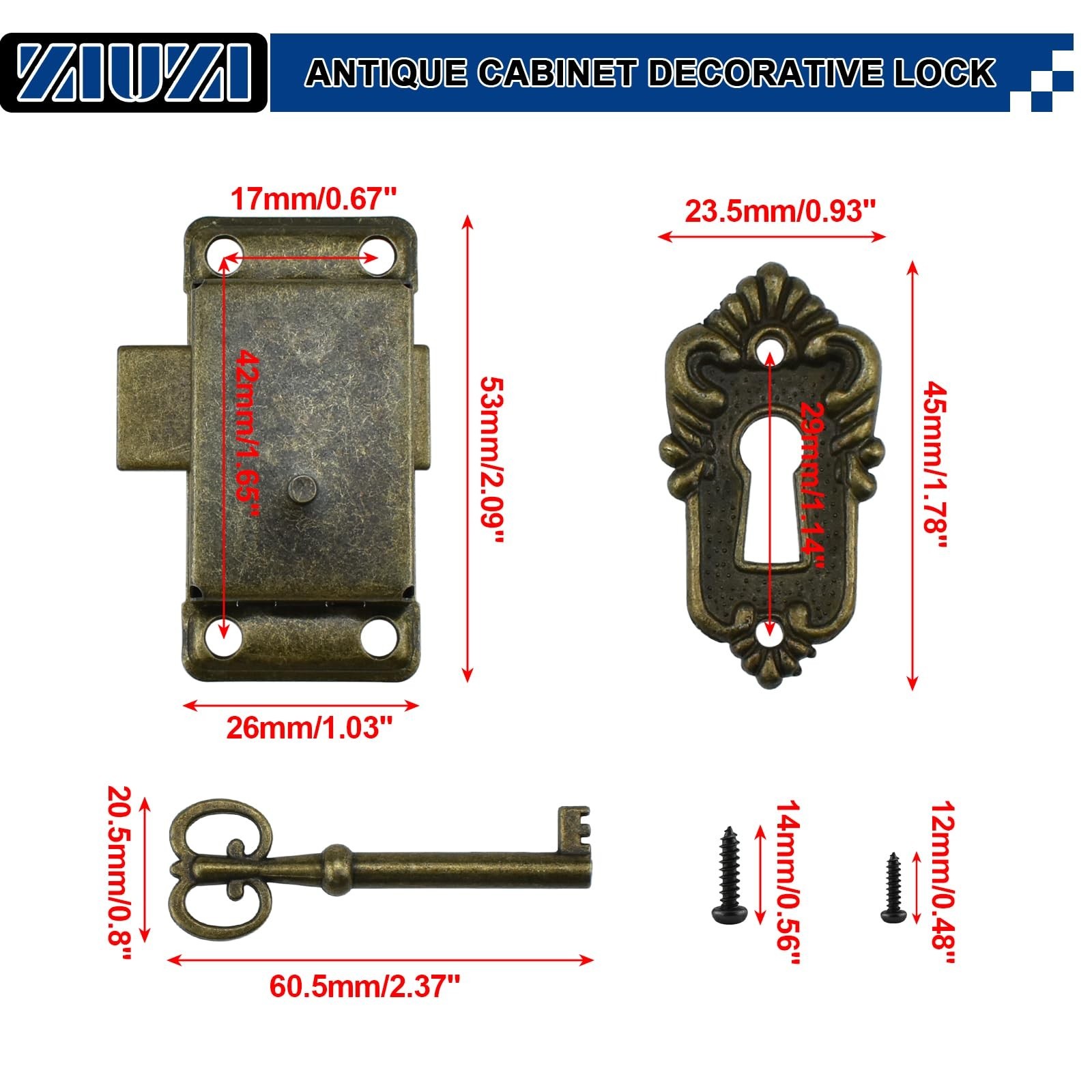 2Pcs Bronze Antique Cabinet Lock, Furniture Decorative Lock with Skeleton Key…