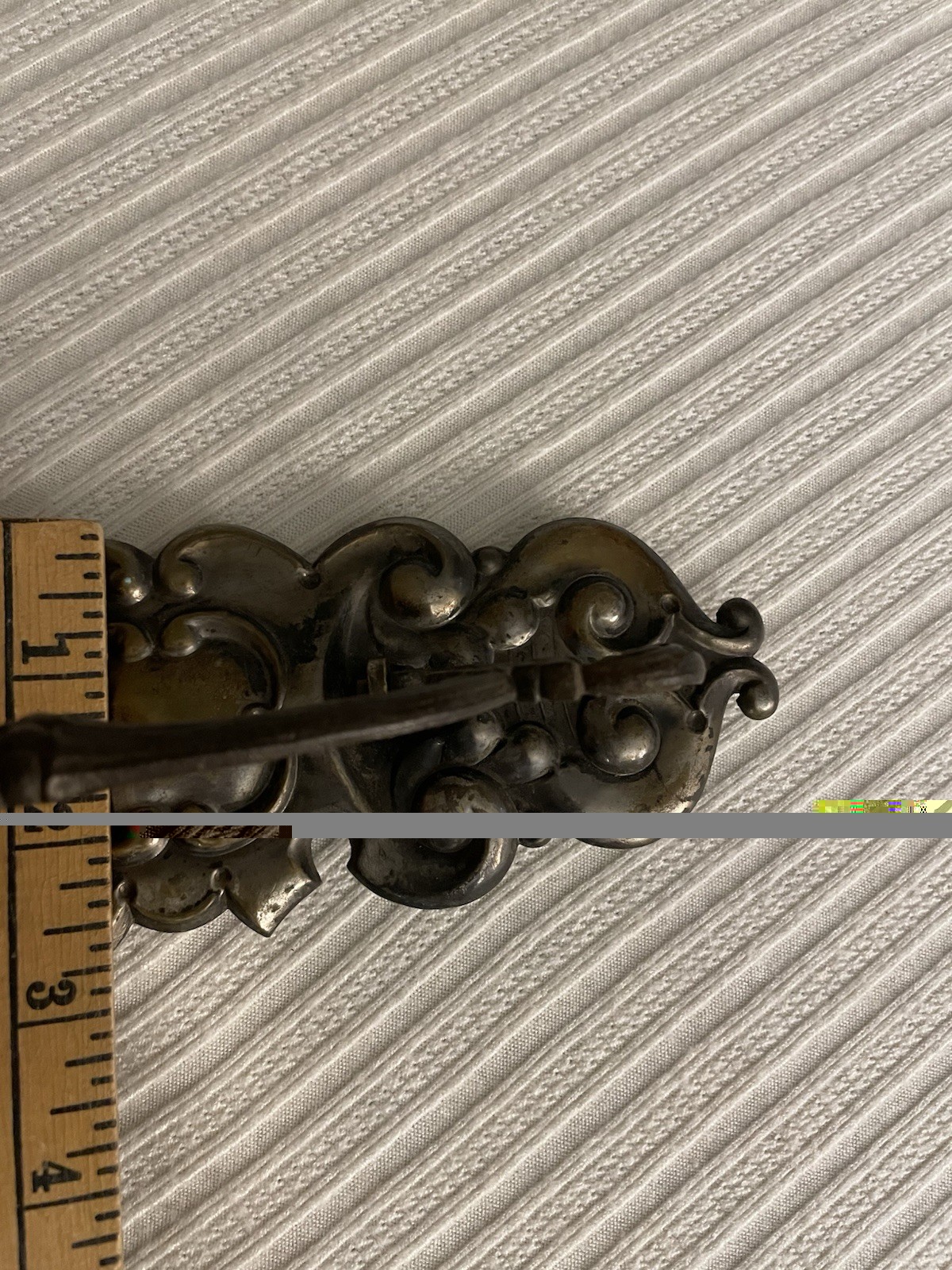 Ornate Victorian style door pull, pot metal, patina, rusted, bail pull