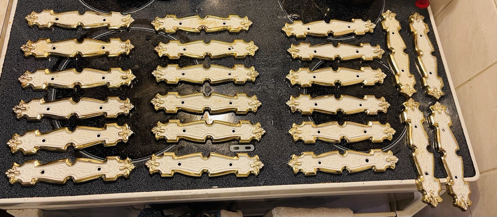 22 VTG MCM Drawer or Cabinet Handle Pulls Plates Gold White Geometric Modern