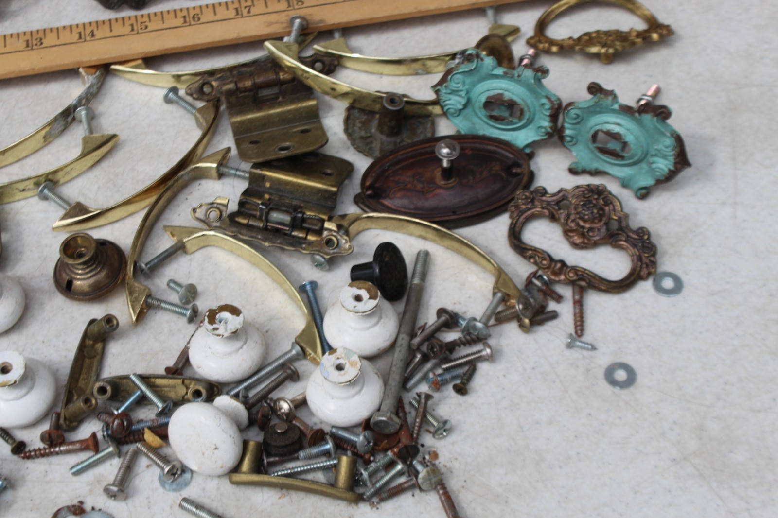 Huge Lot Antique Vintage Brass Drawer Pulls Knobs Handles Hardware Cover Plates