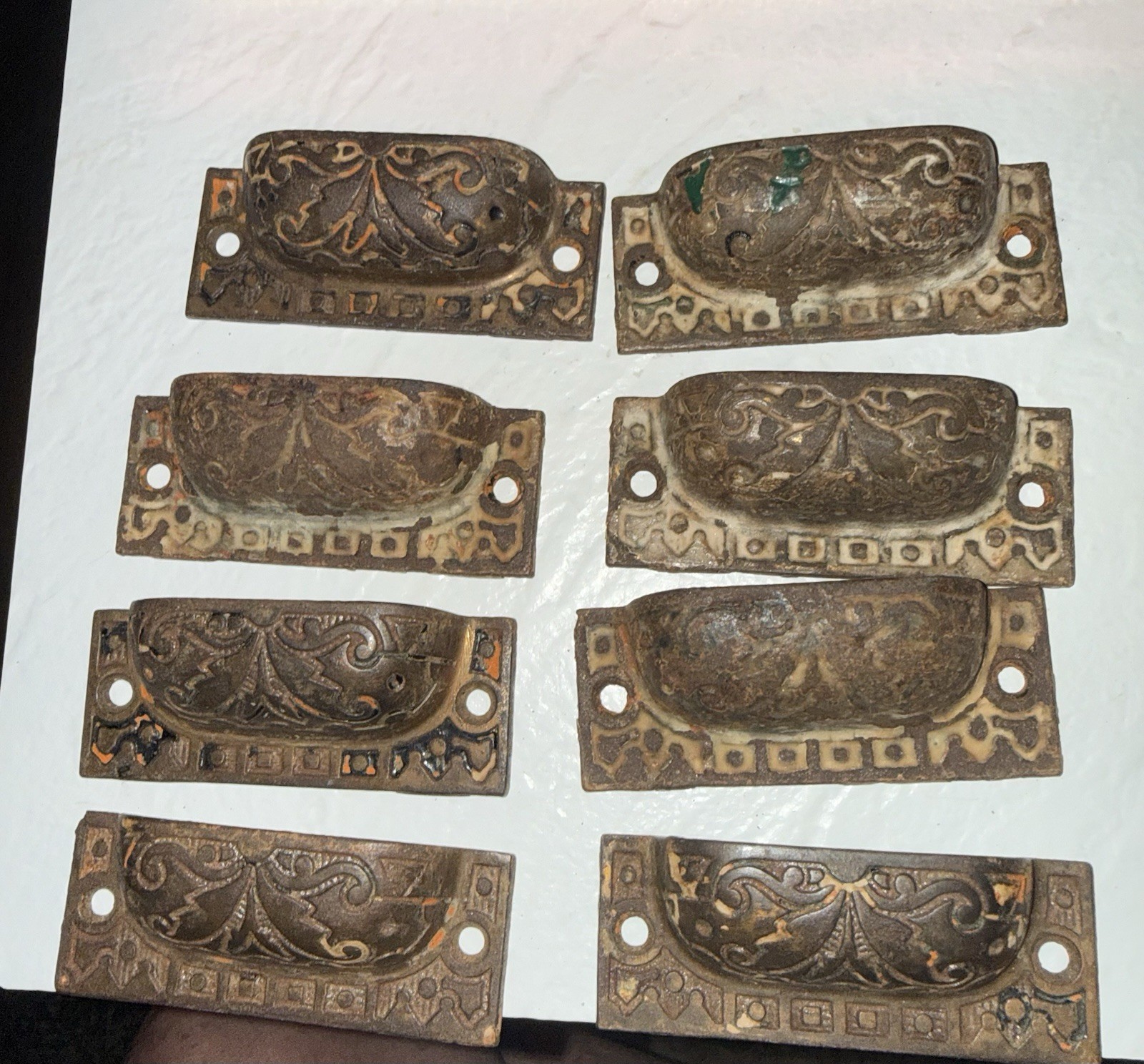 8 vintage VICTORIAN Art NOUVEAU cast IRON Eastlake CABINET drawer PULLS handles