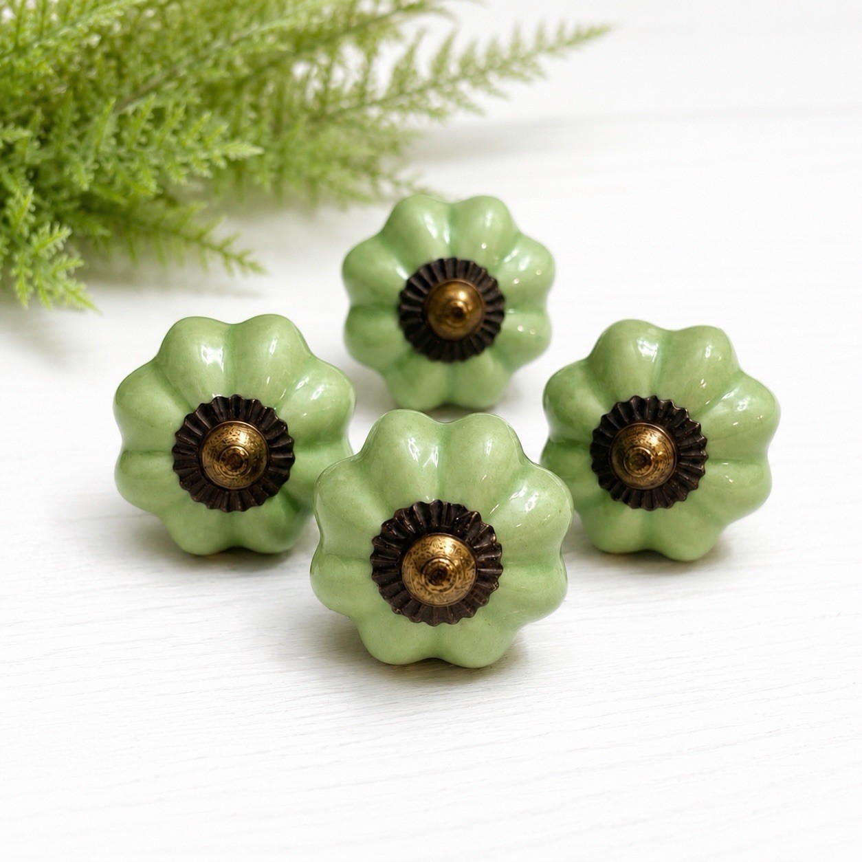 8 Antique Ceramic Drawer Pulls Green Flower Door Kitchen Cabinet Knob