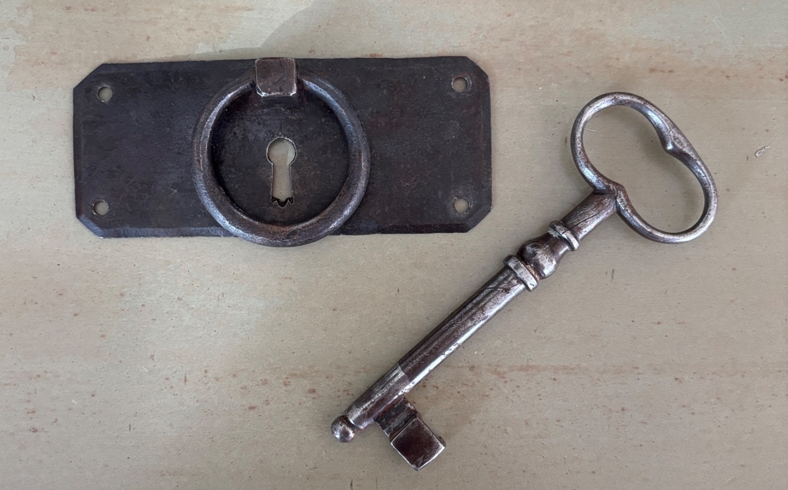 Vintage French Drawer Metal Hardware Drop Ring Pull Keyhole Cover Plate Salvage