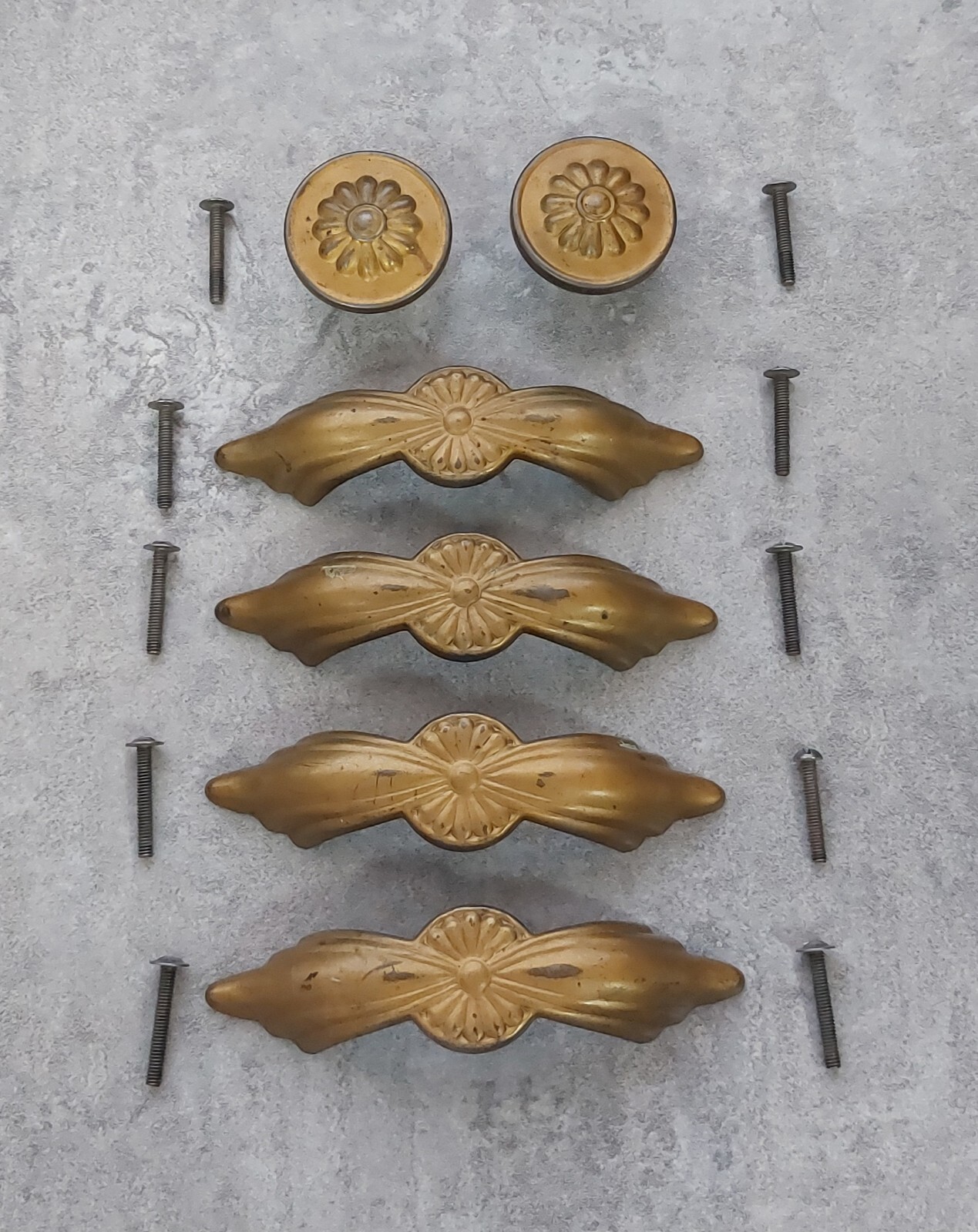 Antique Art Deco Drawer Pulls Knobs Set 4 1/2″ Bore Steel Gold Dresser Parts