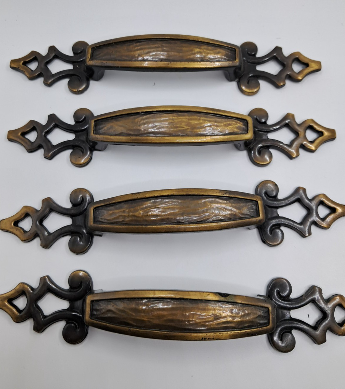 4 Vtg Spanish Gothic Brass Drawer Cabinet Pulls 3″ Hole 6.5″ L Pat D-219328