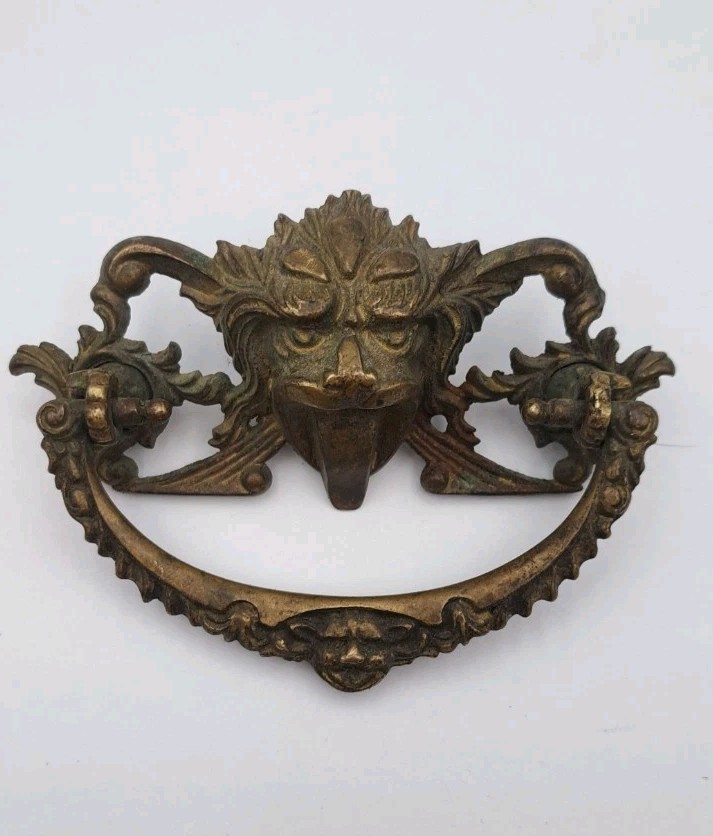 Antique Lion Face Drop Bail Pull Drawer Cabinet Handle Ornate Old Brass Hardware