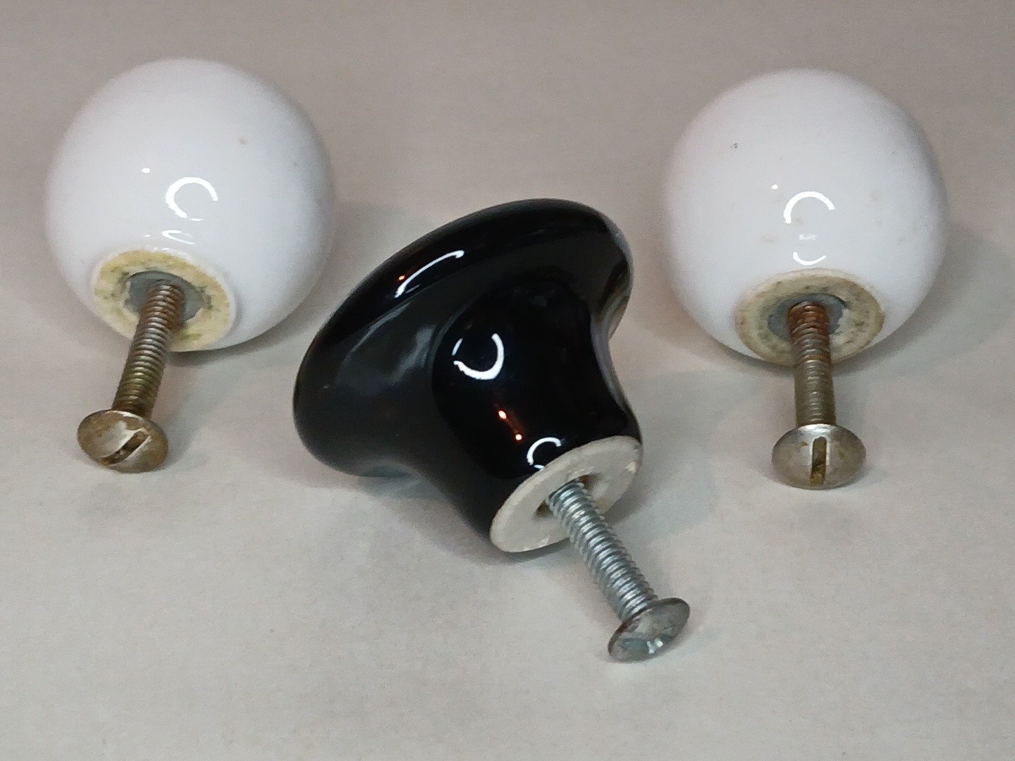 Vintage Round White & Black Porcelain Cabinet Drawer Pulls Lot Of 3 Knobs