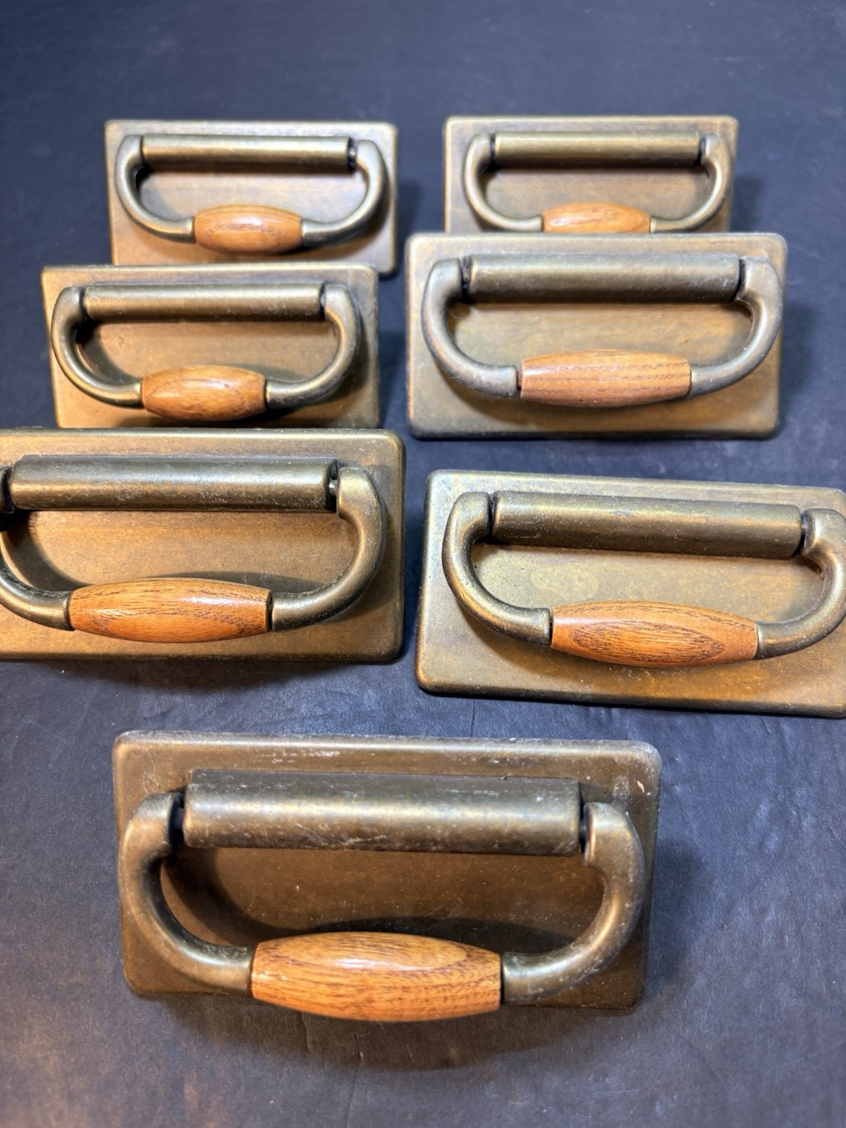 Vintage Bronze Tone Metal & Wood Drawer Pull Set Of 7 – 1997