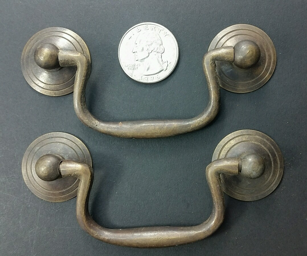 2 Antique Brass Swan Neck Bails Cabinet Drawer Pull handles approx. 3″ cntr #H39
