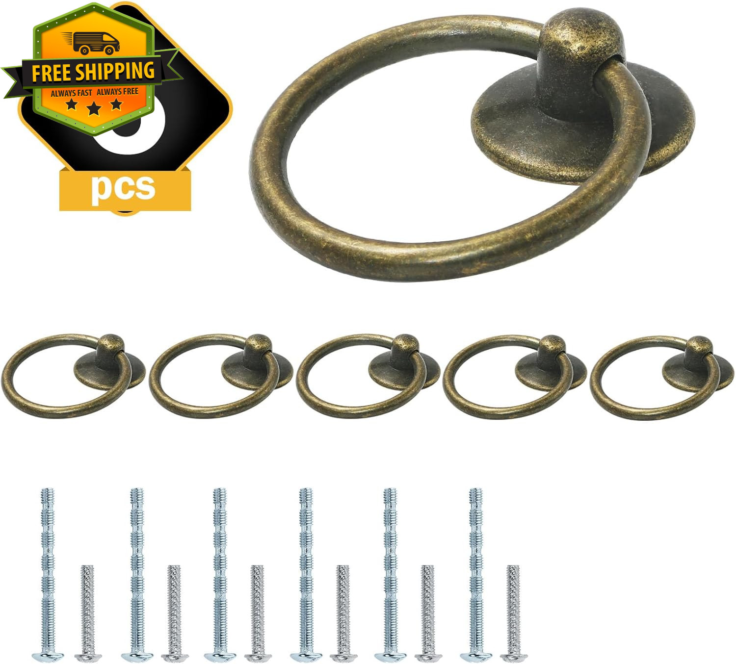 Antique Brass Drop Ring Drawer Pulls Vintage Cabinet Handles 6Pcs 1-3 4 Inch
