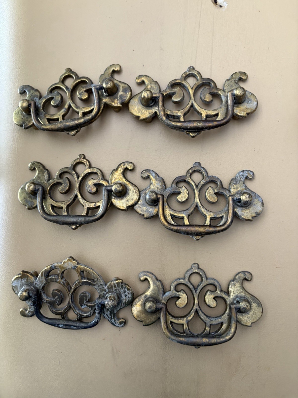 Antique Brass Bronze Bail Pull Drawer Pulls Scrollwork Theme Rusted Lot