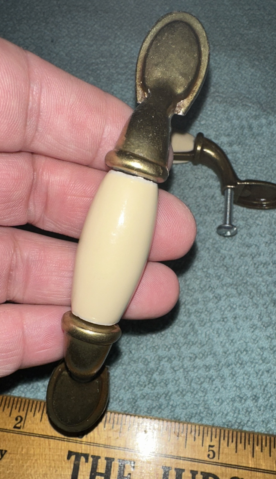 Cast Brass & Porcelain Drawer Handle Pulls Bureau Cabinet Door Elegant Cream