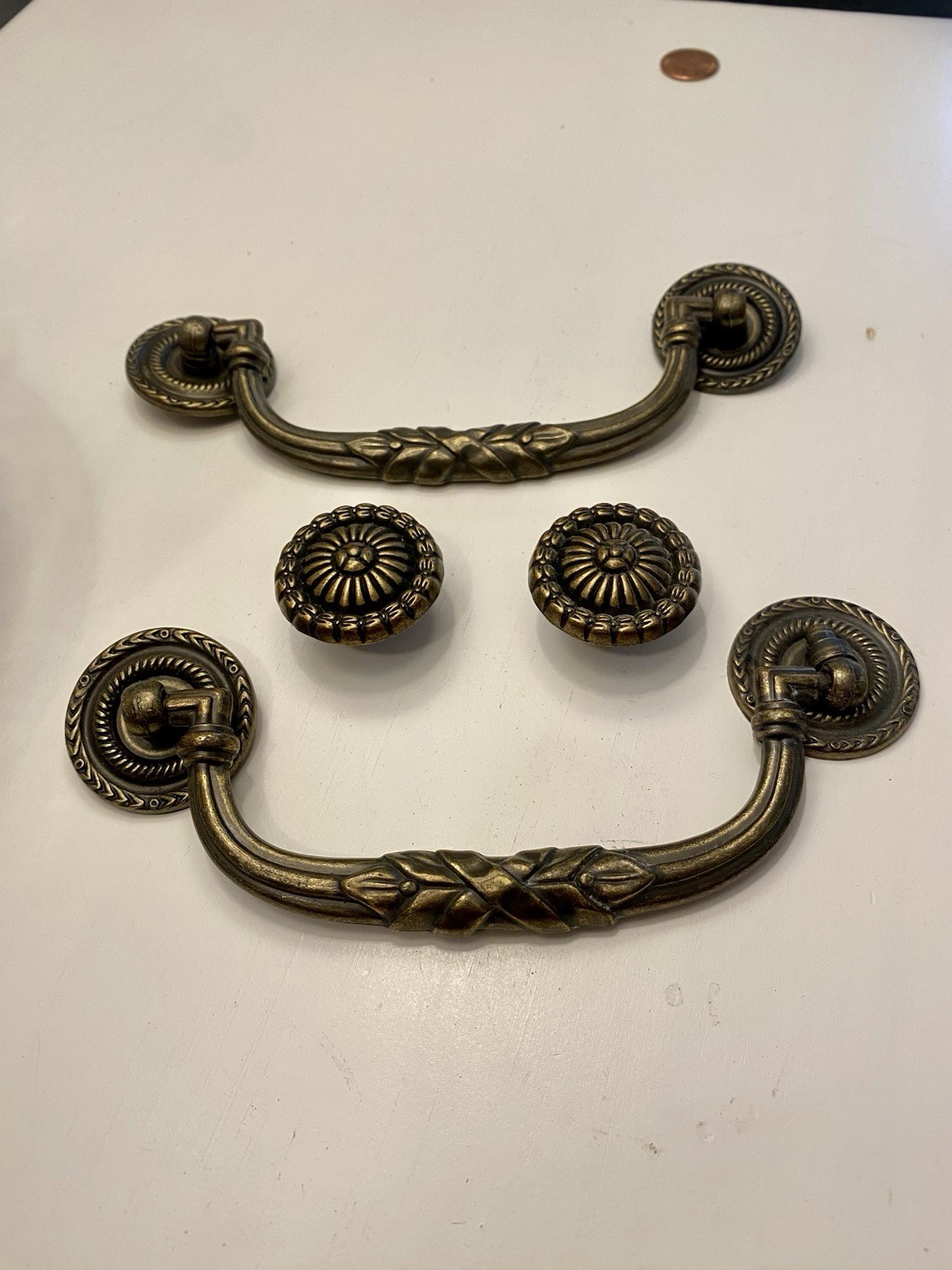 Vintage Brass Drawer Hardware 2 Knobs & 2 Drop Pulls 5”Ornate Traditional Style