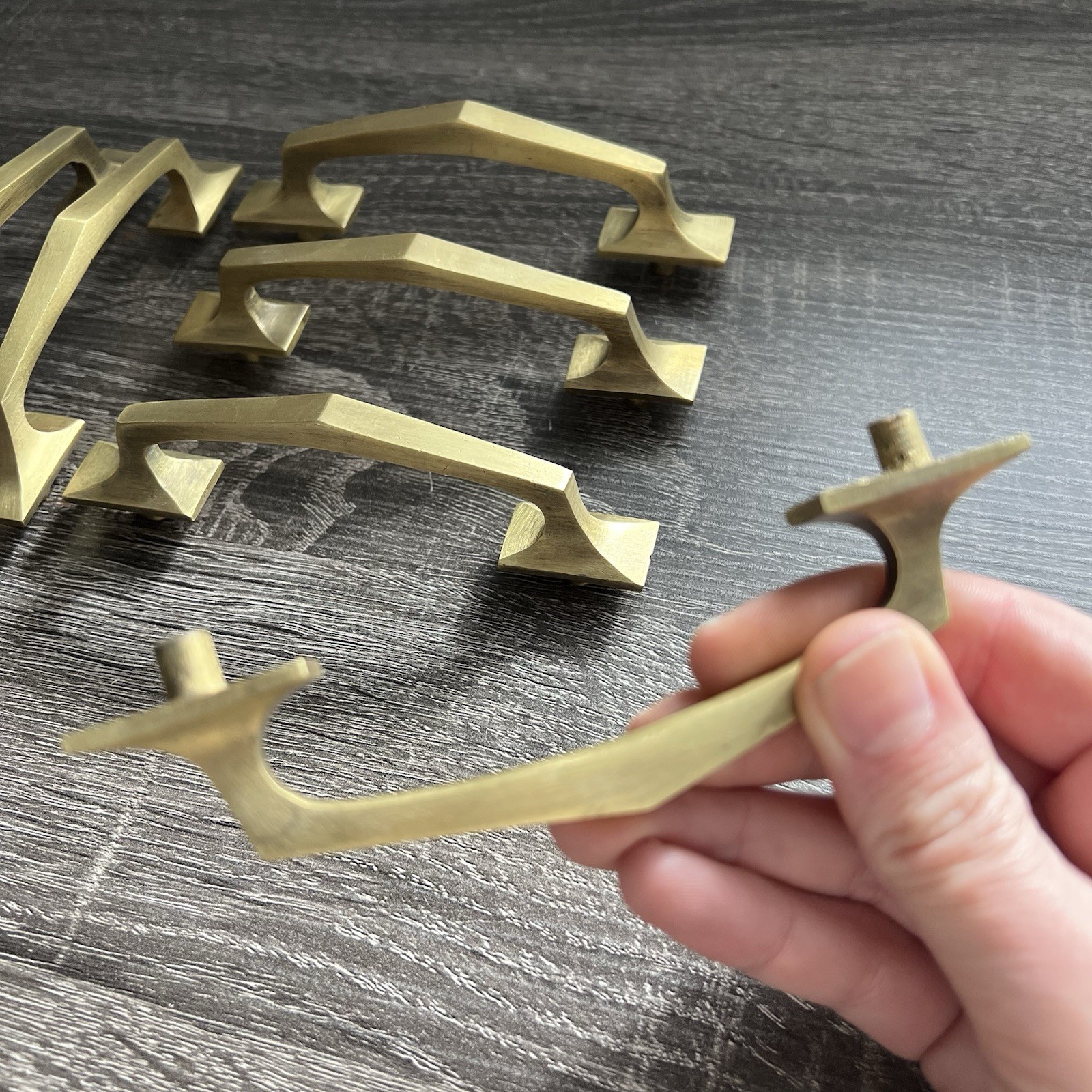 Set Of 6 Vintage Geometric Brass Angular Cabinet Pulls 4-1/16”CC