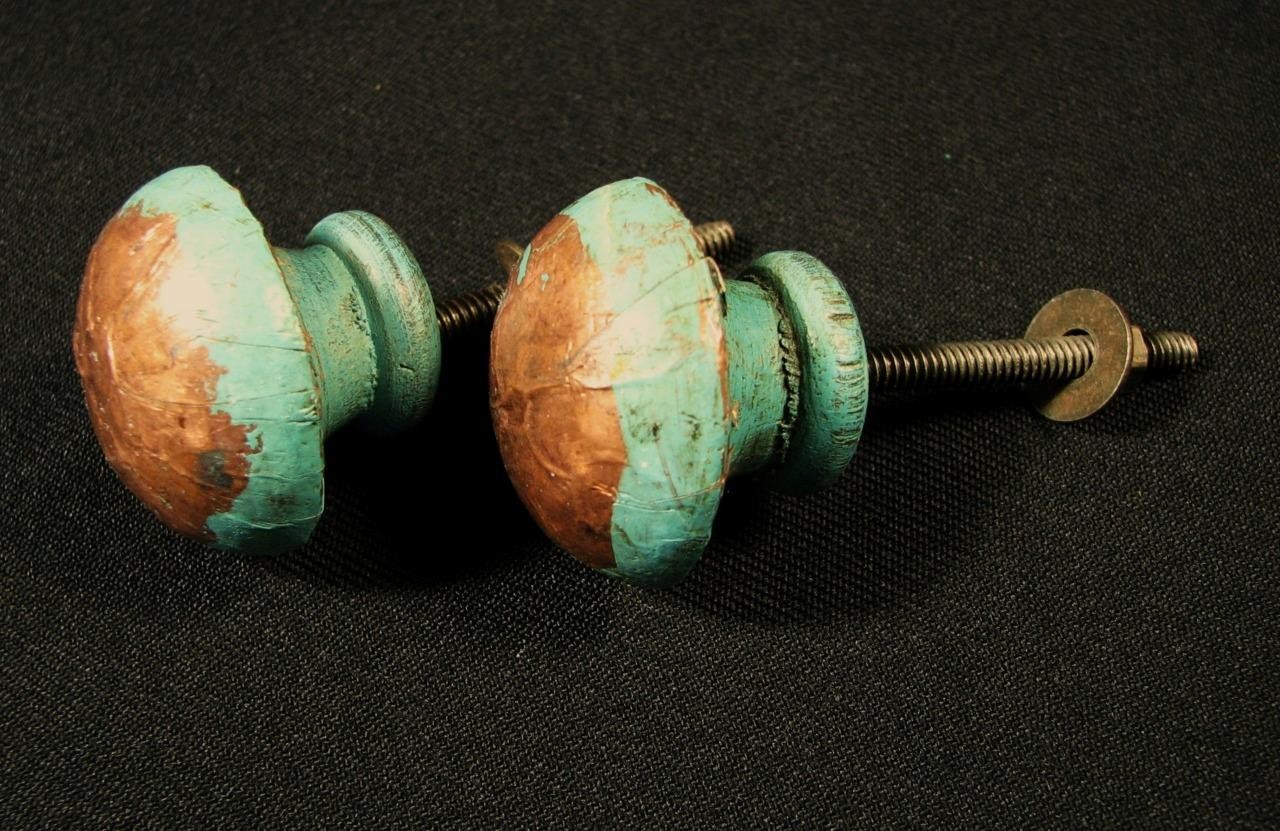 2 Antique Vintage Wood Copper Skin Green Distressed Drawer Pulls Handles Knobs