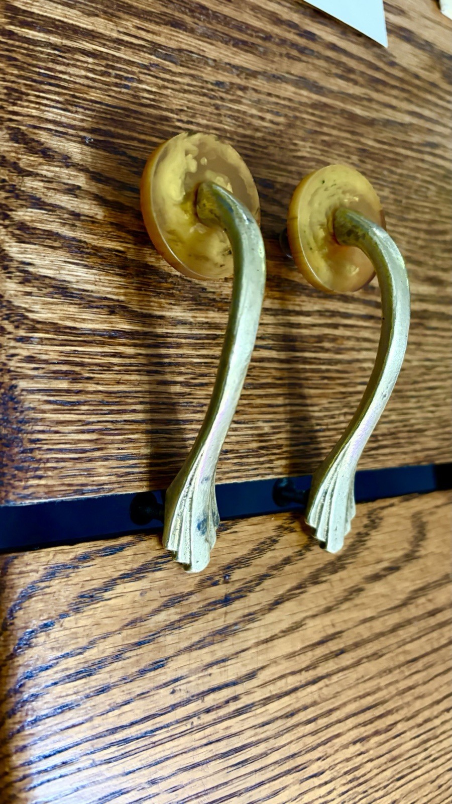 Antique Butterscotch Bakelite Solid Brass Art Deco Dresser Handles Drawer Pulls
