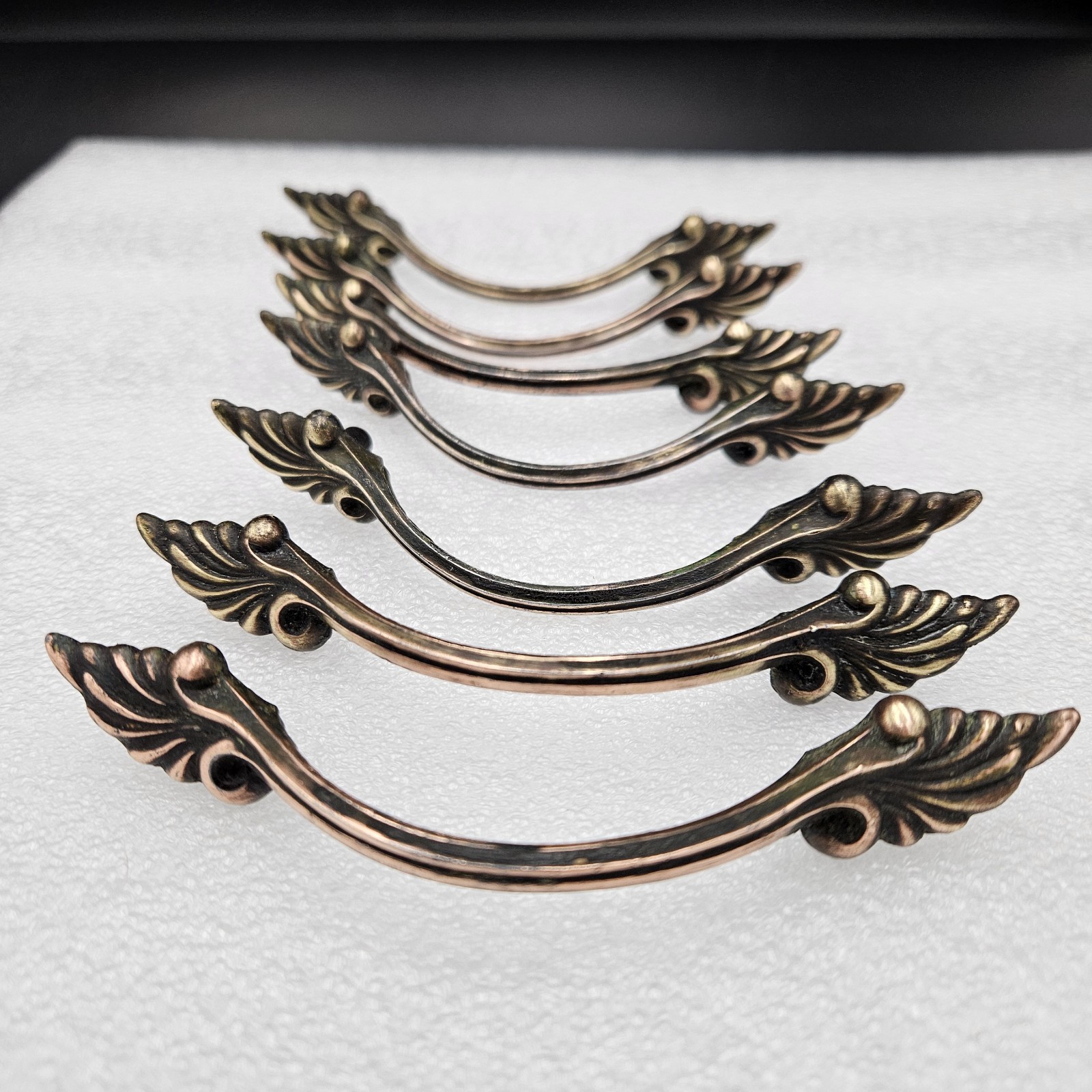 7 Drawer Handle Pulls, Victorian Ornate Scrolling, Brass, Copper & Black 3″