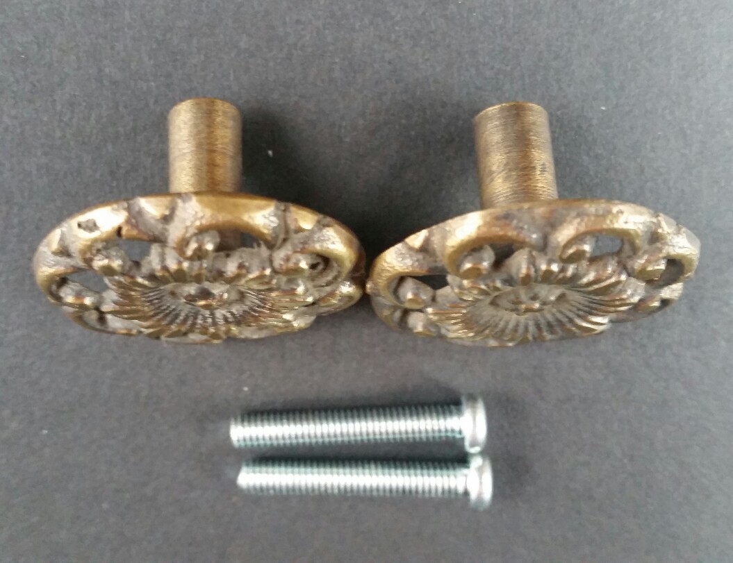 2 Antique Style Solid Brass ROUND KNOBS Ornate FLORAL 1-5/8″ dia. #K24