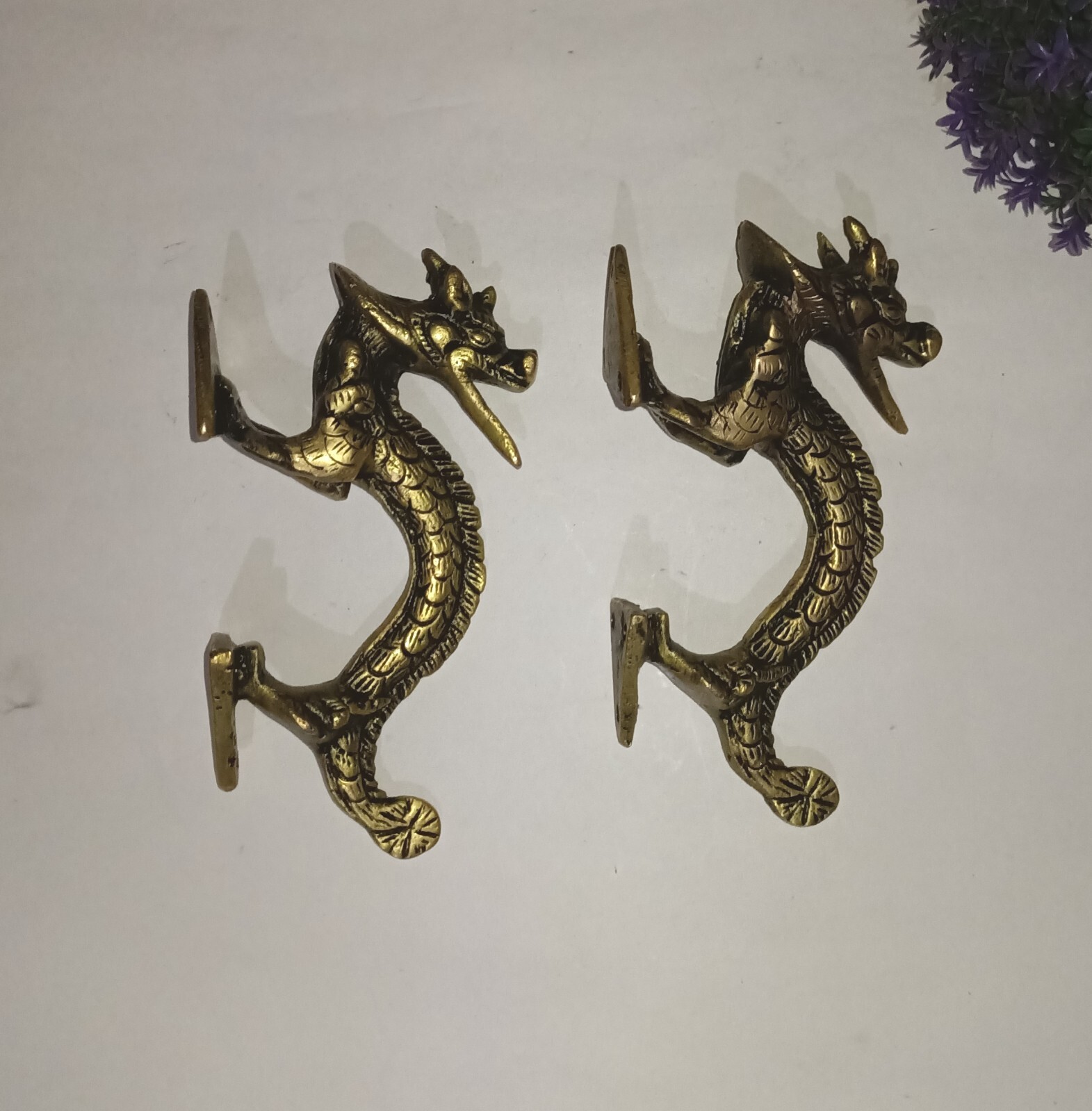 Fire Dragon Design Door Handle Pair Brass Feng Shui Theme Drawer Pull Set GTX