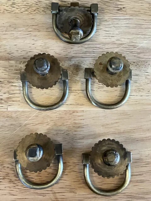 5 Antique Victorian Solid Brass Medallion Drop D-Ring Drawer Cabinet Pull Knobs