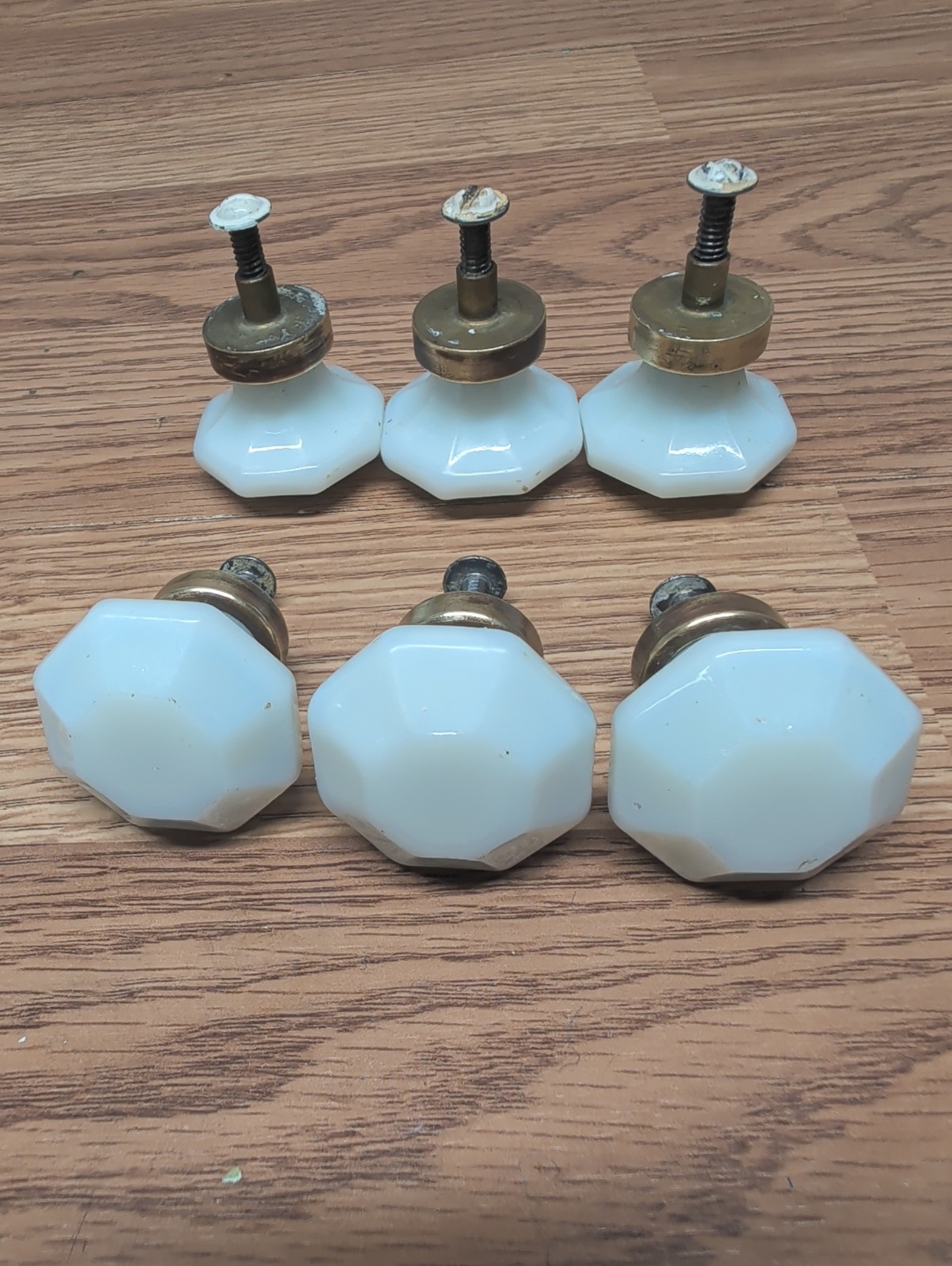 Vintage Dental Medical Cabinet Milk Glass Drawer Knob Pulls Hex Shape W/Hardware