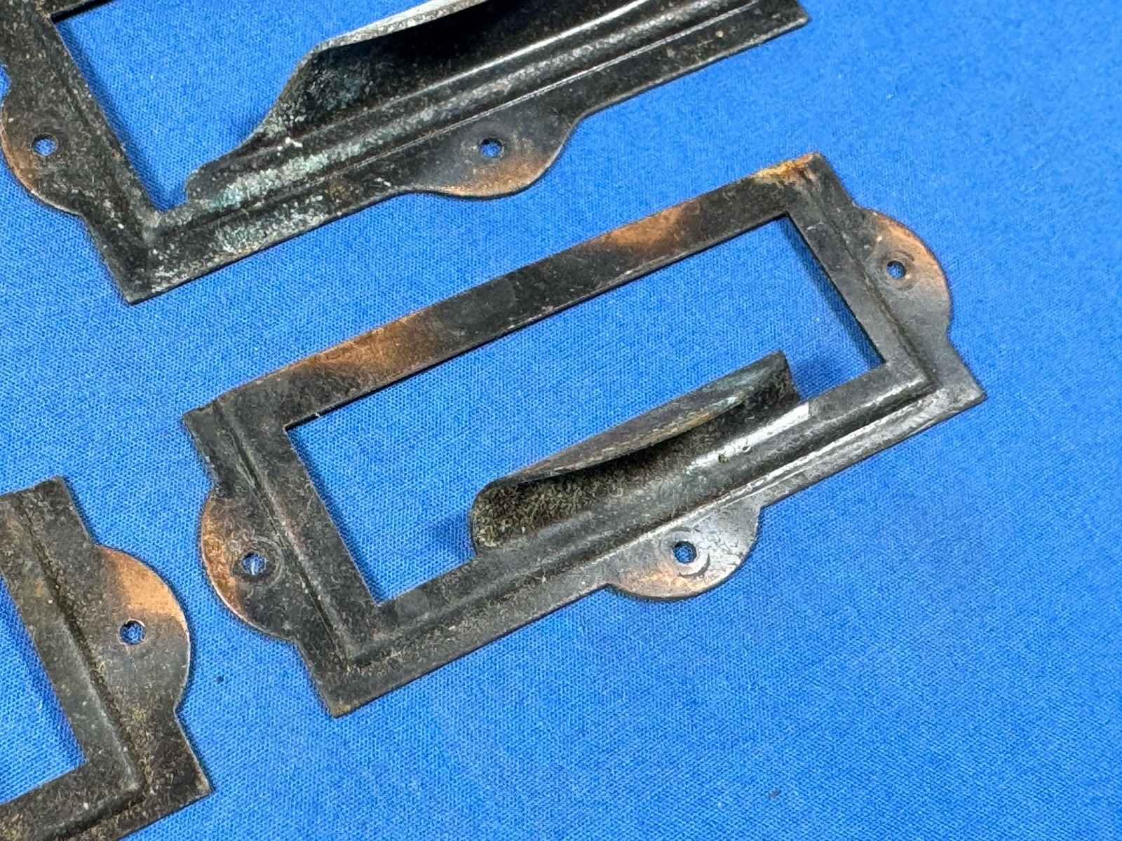 Vintage Japanned Drawer Pulls & Label Holder Plate Library , Apothecary Cabinet