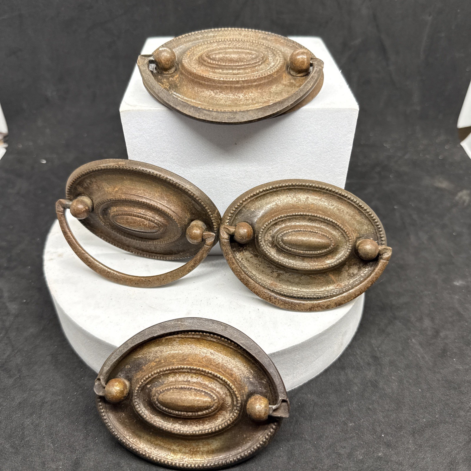 Vintage Pull Antique Brass finish Bail Drawer Pull Oval Drop 2-1/2″ center.