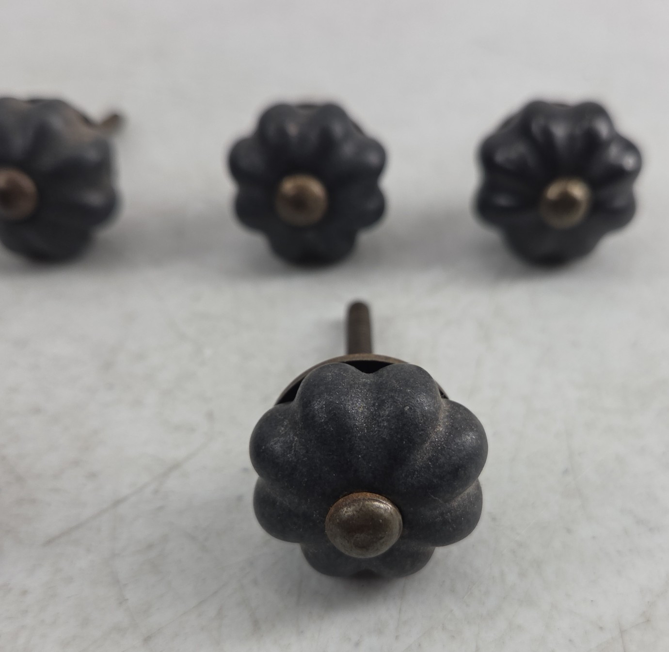 Vintage Lot of 6 Black Porcelain Floral Cabinet Knobs Drawer Pulls Handles