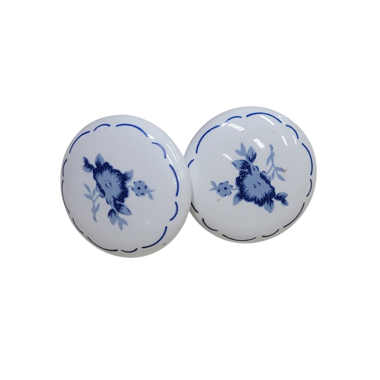 Set Of 2 – Vintage 1970’s White / Blue Floral Round Cabinet Drawer Pulls Knobs