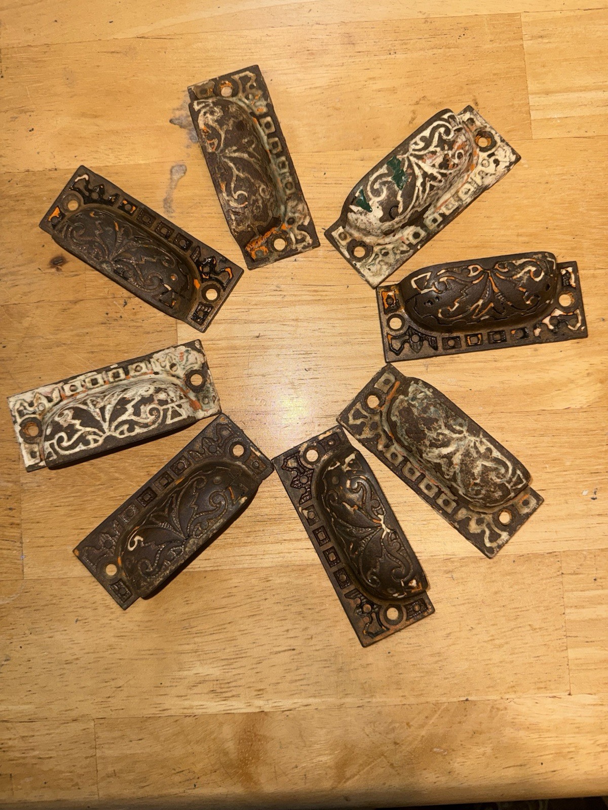 8 vintage VICTORIAN Art NOUVEAU cast IRON Eastlake CABINET drawer PULLS handles