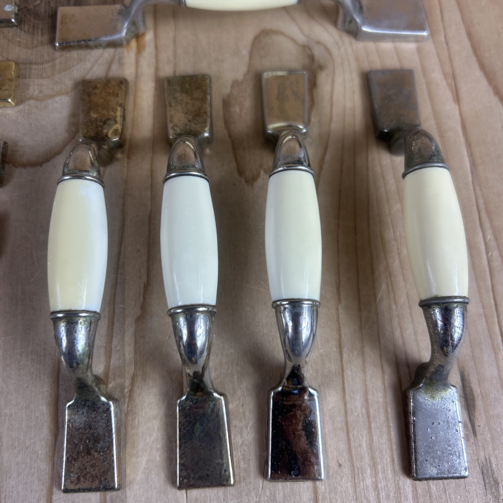 Vintage Drawer Pulls Cabinet Handles Set of 12 Beige Ceramic Center 5.5” Brass