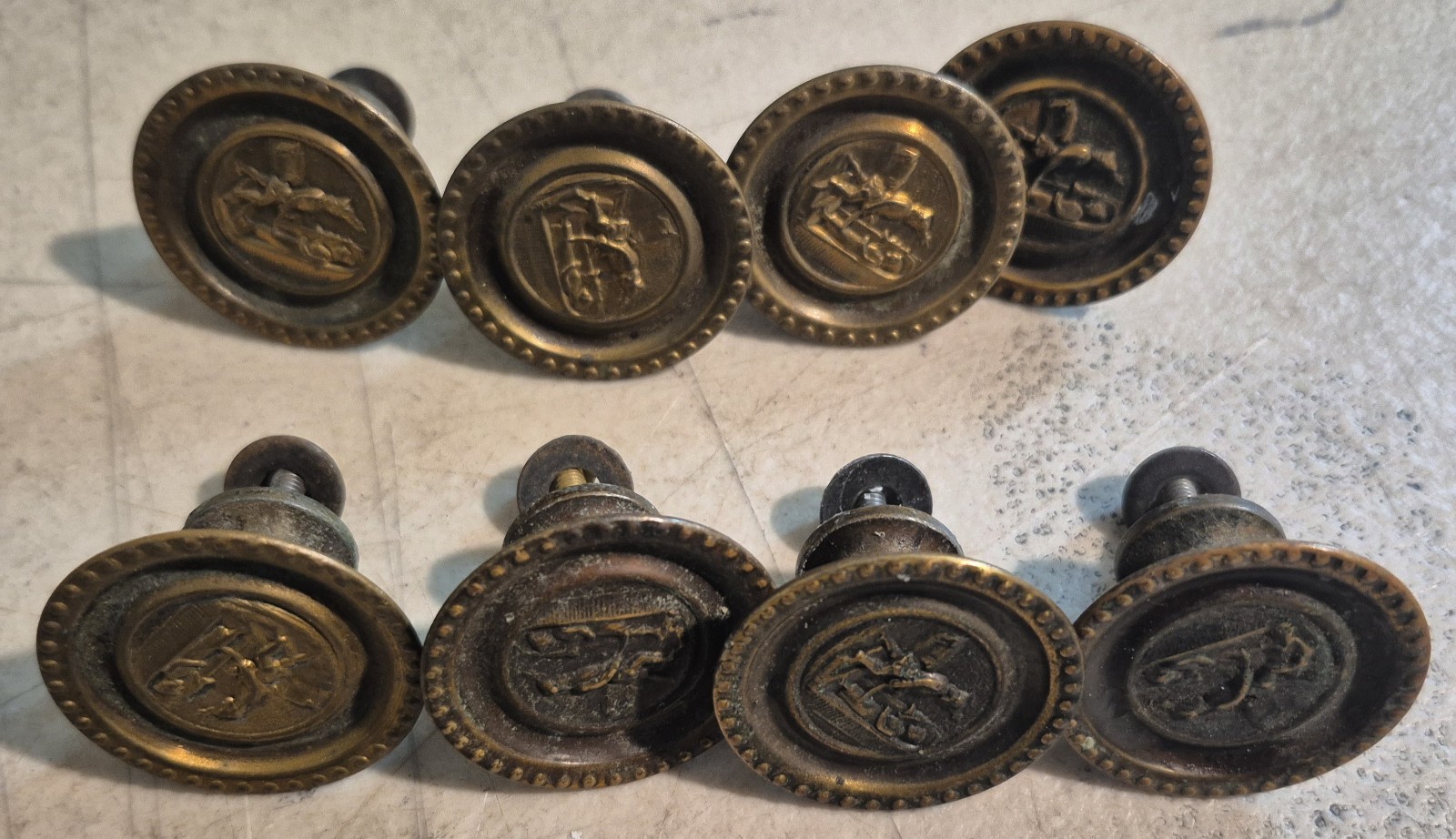Antique Vintage Victorian Set of 8 Matching Brass Drawer Pulls Picture Front