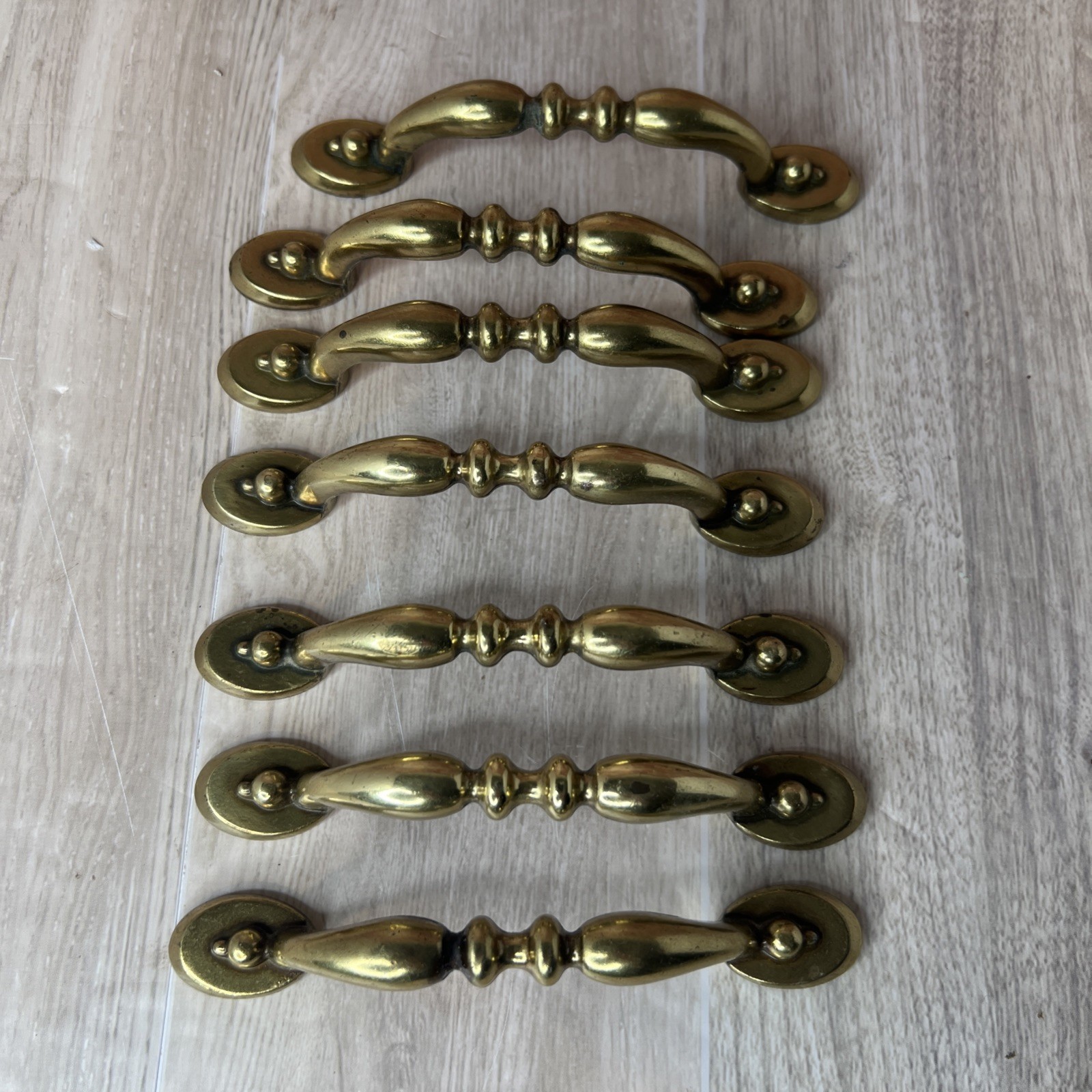 7 Antique MCM Brass Cabinet Handles 3 Inch on Center with Screws