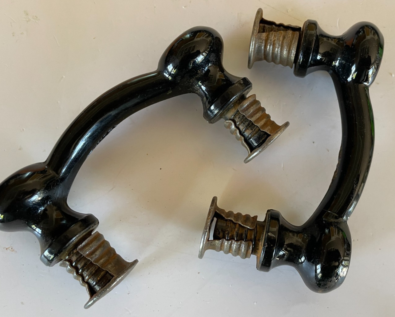 2 Edwardian Eastlake Black Milk Glass Cabinet Pulls w/ Threaded Backs 1920-30s
