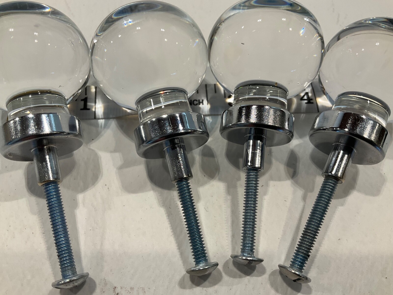 4 VTG Round Glass Ball Drawer Pulls / Cabinet Knobs w/Silver Collar Backplate