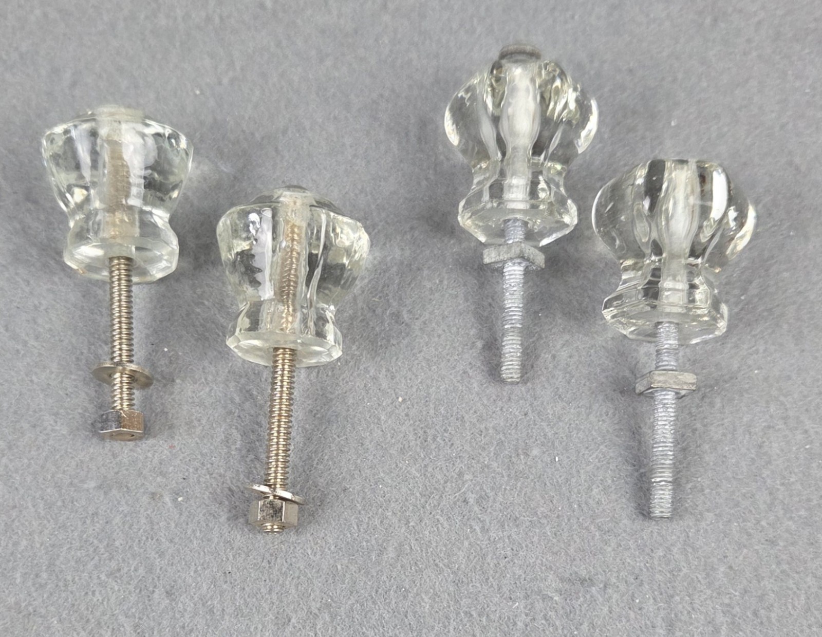 4 Vintage Clear Glass Drawer Pull Knobs Unmatched Sets 2 Hexagonal & 2 Decagonal
