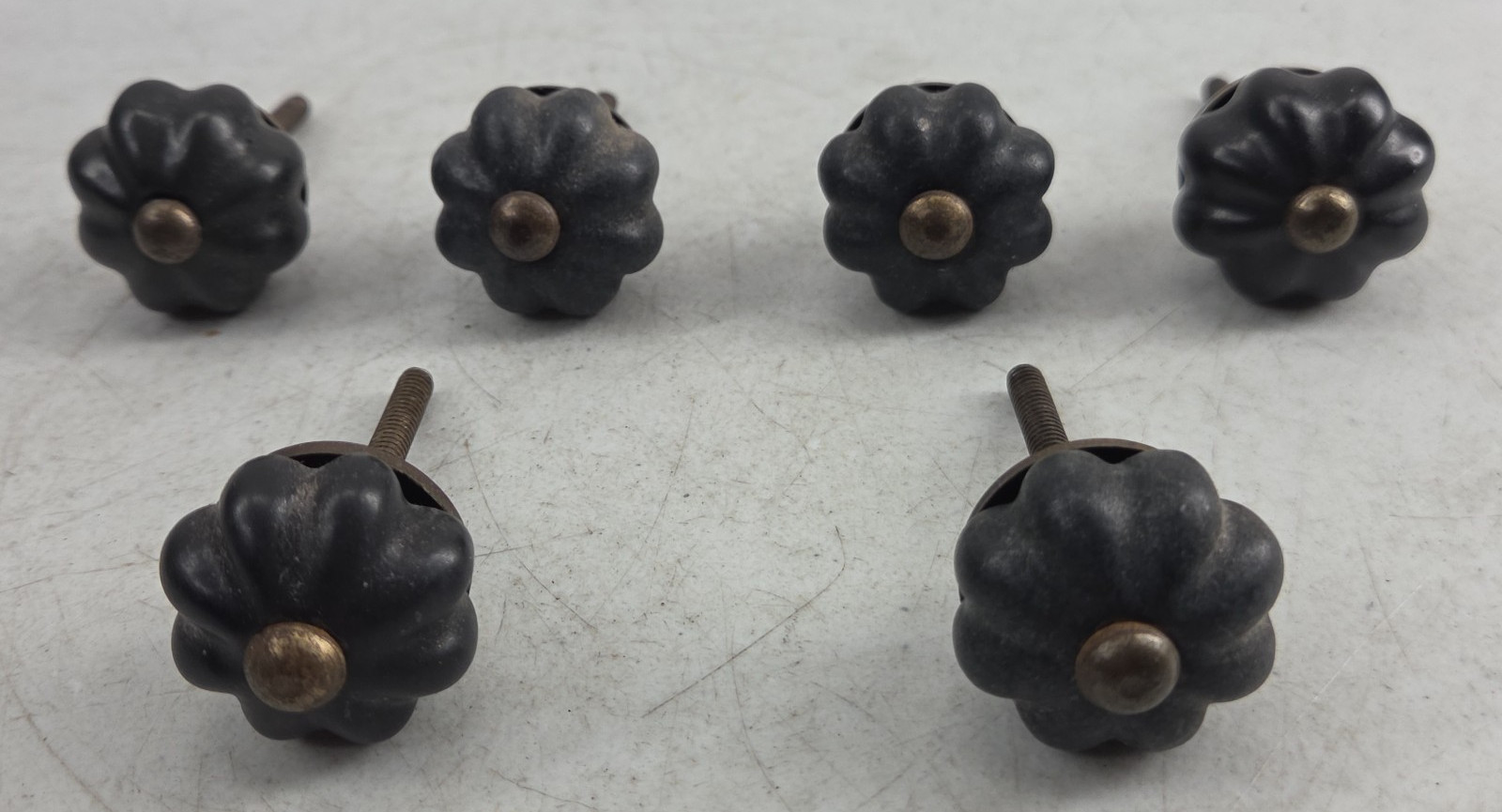 Vintage Lot of 6 Black Porcelain Floral Cabinet Knobs Drawer Pulls Handles