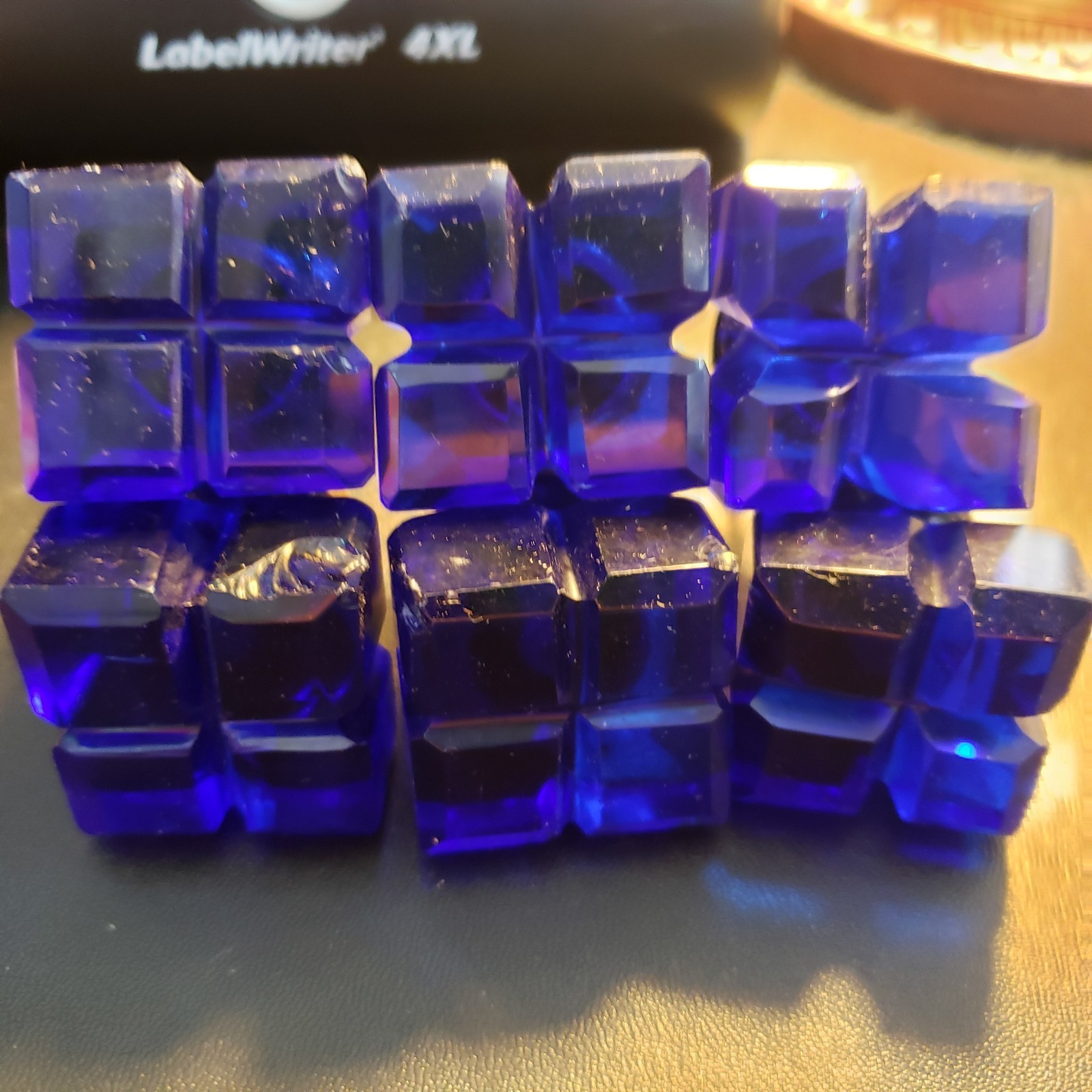Vintage Cobalt Blue Cut Glass Square Drawer Knobs Pulls Brass Lot of 6