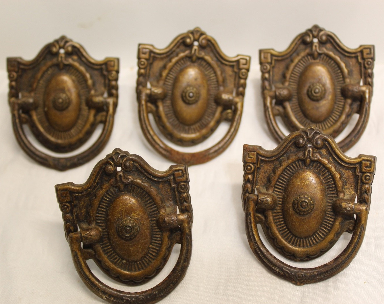 Lot of 5 Victorian Shield Motif with Drop Ring Pull Dresser Drawer Pulls Brass
