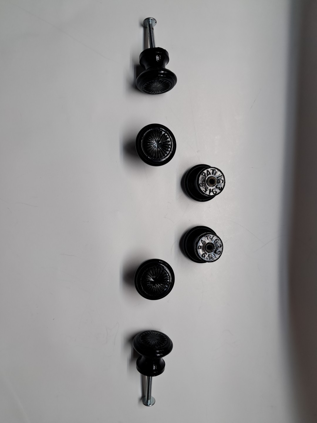 Set of 6 Antique Black Glass Cabinet Knobs Sunburst Art Deco 1920s Pat 1639159